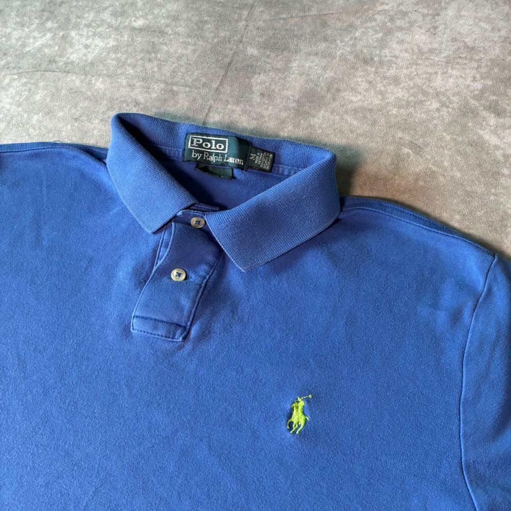 Vintage Polo Ralph Lauren Mens Custom Fit Blue Mesh Polo Shirt Lime Green Pony M